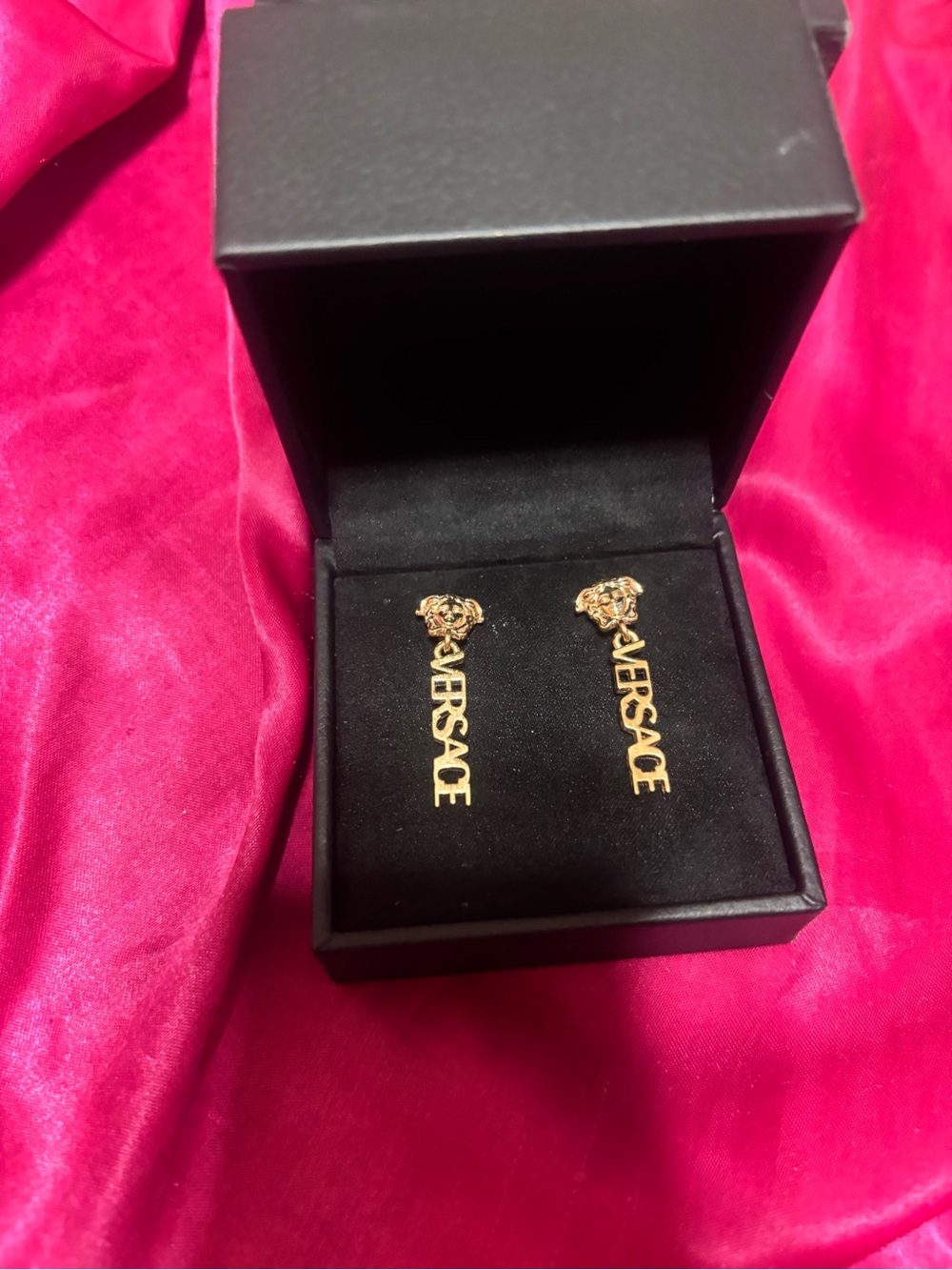 Versace Gold Medusa Logo Drop Earrings with Versace Lettering Authentic proof!!
